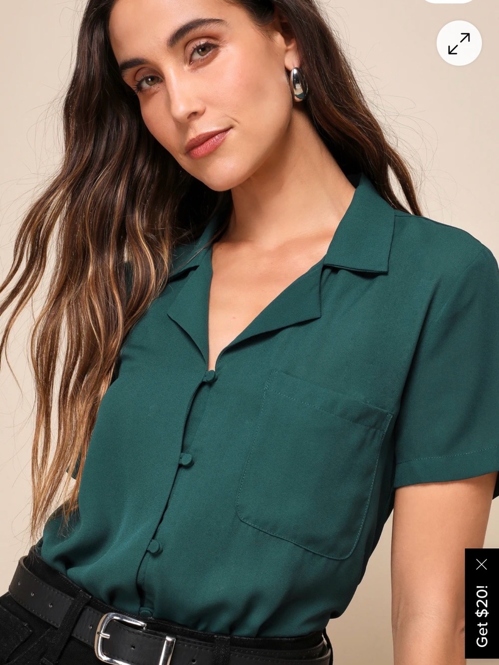 NWOT Good Luck Charm Dark Green Short Sleeve Button-Up Top